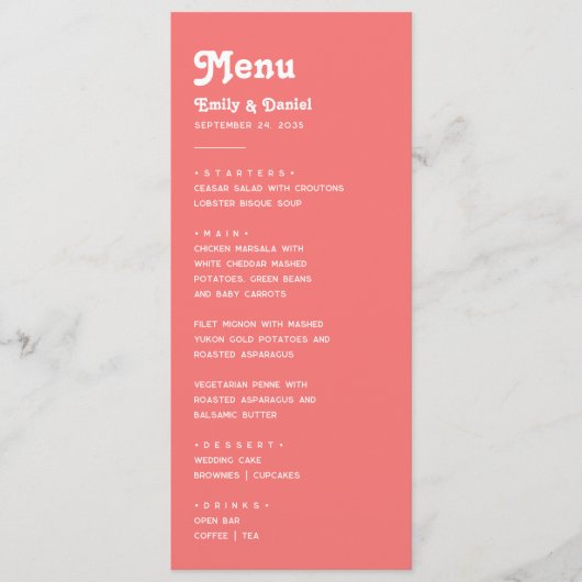 Chic Retro Zomer Heldere Koraal Roze Huwelijk Menu (Voorkant)