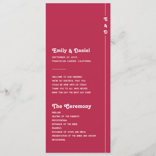 Chic Retro Zomer Roze Monogram Trouwprogramma Programmakaart (Voorkant)