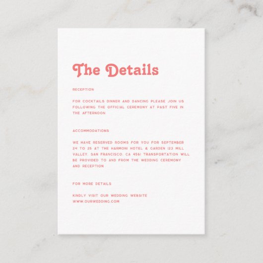 Chic Retro Zomerkoraal Roze bruiloft Details Informatiekaartje (Voorkant)