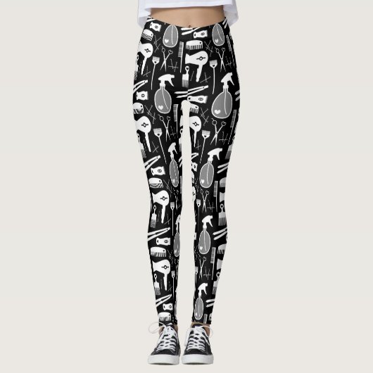 Chic Retro Zwart & Wit Haar Salon Gereedschap Patr Leggings (Voorkant)