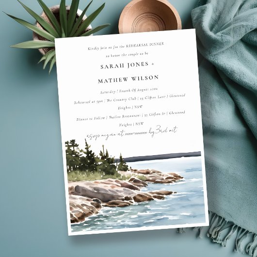 Chic Rocky Pine Mountain Seascape Rehearsal Dinner Kaart