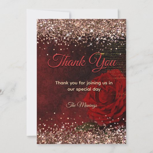 Chic rode bloem faux goud glitter dank u kaart (Voorkant)