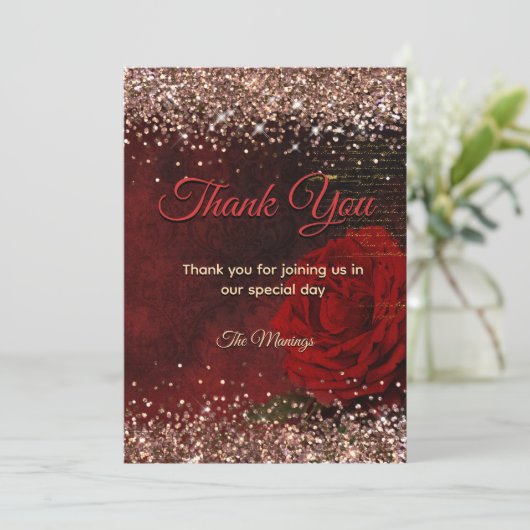 Chic rode bloem faux goud glitter dank u kaart (Staand voorkant)
