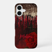 Chic rode bloem goud druppels glitter monogram Hoe iPhone 16 Hoesje (Achterkant)