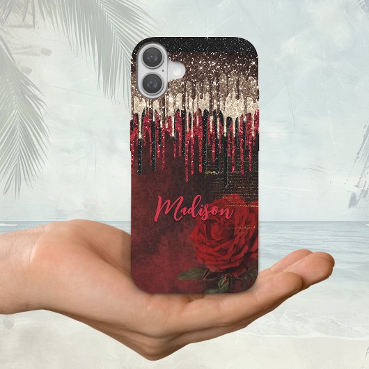 Chic rode bloem goud druppels glitter monogram Hoe iPhone 16 Hoesje