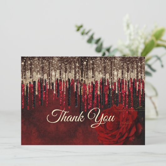 Chic rode bloem gouden druppels glitters monogram bedankkaart (Staand voorkant)