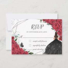 Chic Rode Bloemen Rozen Zilver Quinceañera Princes RSVP Kaartje