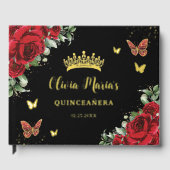 Chic Rode Bloemen Vlinders Zwart Quinceanera Goud Gastenboek (Voorkant)