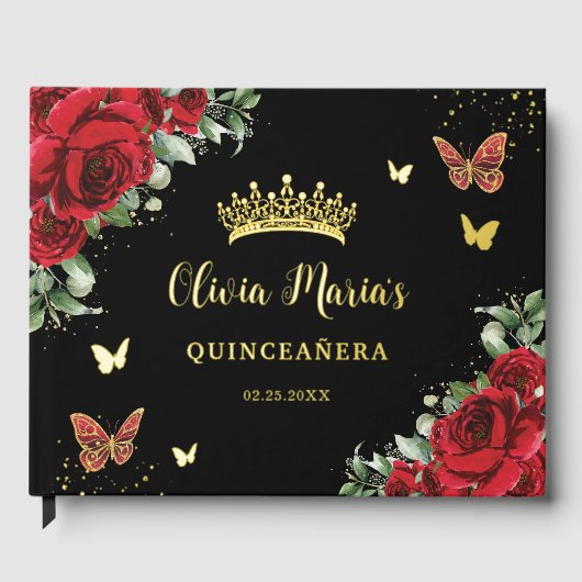 Chic Rode Bloemen Vlinders Zwart Quinceanera Goud Gastenboek (Voorkant)
