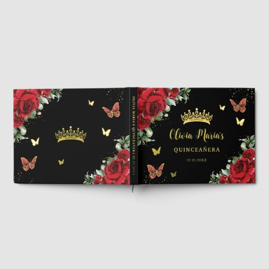Chic Rode Bloemen Vlinders Zwart Quinceanera Goud Gastenboek (Volledig)