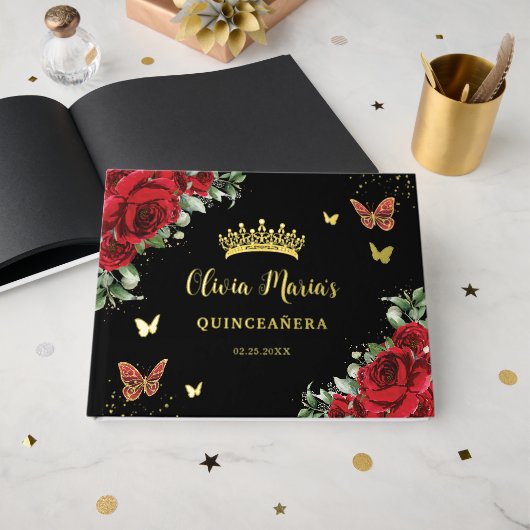 Chic Rode Bloemen Vlinders Zwart Quinceanera Goud Gastenboek (Voorkant open)