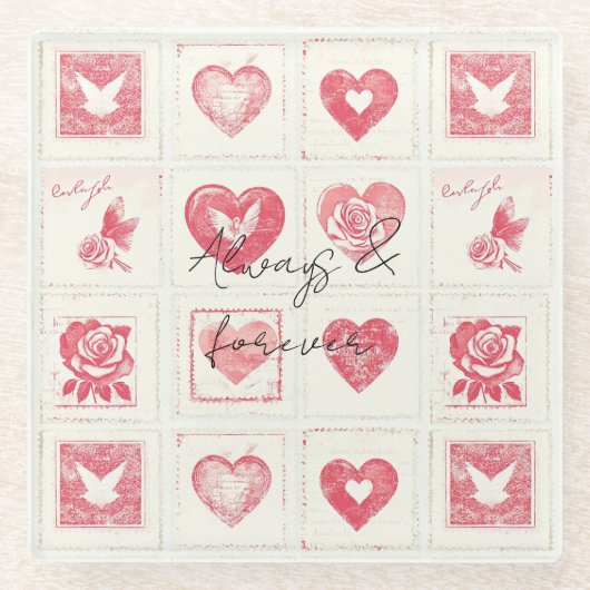 Chic Rode Crème Valentijnsdag Liefde Bruiloft Glazen Onderzetter (Voorkant)