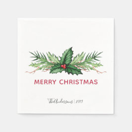 Chic Rode Hulst Geschilderde Boeket Kerst Vakantie Servet