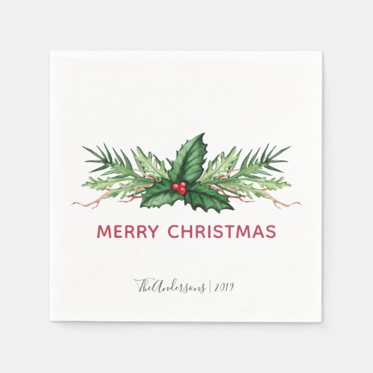 Chic Rode Hulst Geschilderde Boeket Kerst Vakantie Servet (Voorkant)