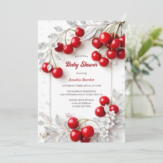 Chic rode kersen thema meisje Baby shower Kaart (Staand voorkant)