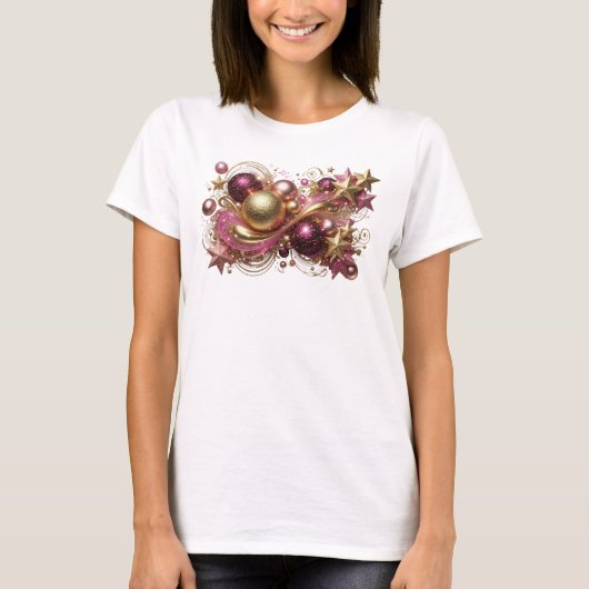 Chic Rode KERSTMAGIE 3D Tekstkunst T-shirt (Voorkant)