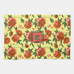 Chic Rode Pioen Bloeiend Bloemenpatroon Monogram Theedoek