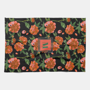 Chic Rode Pioen Bloeiend Bloemenpatroon Monogram Theedoek
