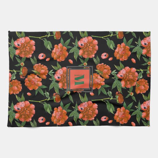 Chic Rode Pioen Bloeiend Bloemenpatroon Monogram Theedoek (Horizontaal)