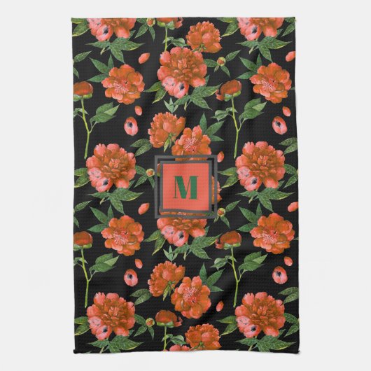 Chic Rode Pioen Bloeiend Bloemenpatroon Monogram Theedoek (Verticaal)
