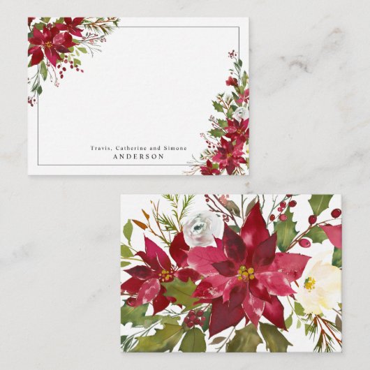 Chic Rode Poinsettia Hulst Bloemige Kerst Feestdag Notitiekaartje (Voorkant / Achterkant)