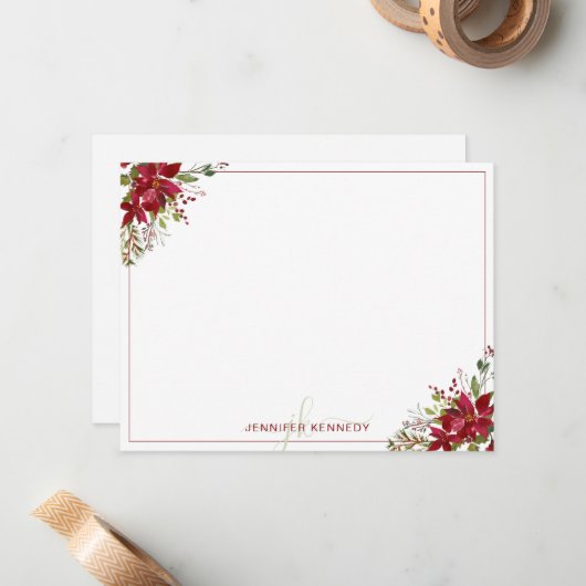 Chic rode Poinsettia Kerst Watercolor Bloemen  Notitiekaartje (Voorkant / Achterkant in situ)