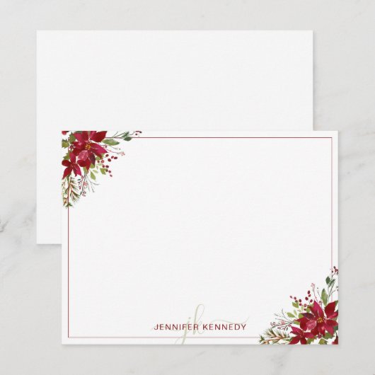 Chic rode Poinsettia Kerst Watercolor Bloemen  Notitiekaartje (Voorkant / Achterkant)