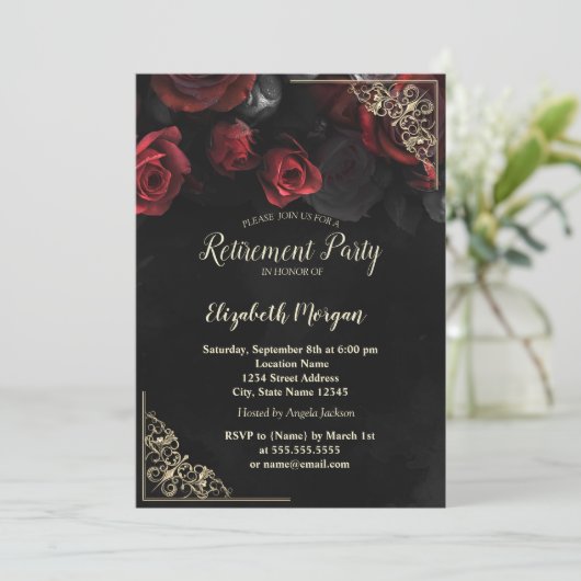 Chic Rode Rozen Gouden Bloem Frame Pensioen Kaart (Staand voorkant)