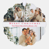 Chic Rode Script 3 Foto Collage Prettig Kerstfeest Ornament Kaart (Voorkant)