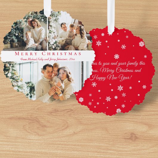 Chic Rode Script 3 Foto Collage Prettig Kerstfeest Ornament Kaart