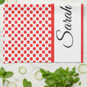 Chic Rode Stippen Elegante Script Naam op Maat Theedoek (Gevouwen)