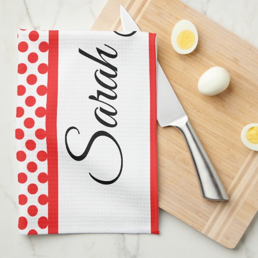 Chic Rode Stippen Elegante Script Naam op Maat Theedoek (Quarter Fold)