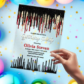 Chic rode zwarte drip glitter monogram verjaardag acryl uitnodigingen