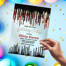 Chic rode zwarte drip glitter monogram verjaardag acryl uitnodigingen