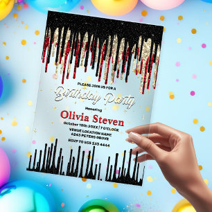 Chic rode zwarte drip glitter monogram verjaardag acryl uitnodigingen