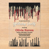 Chic rode zwarte drip glitter monogram verjaardag acryl uitnodigingen (Voorkant)