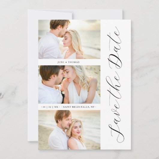 Chic Romantic 3 Foto's Wedding Trendy Calligraphy Save The Date (Voorkant)
