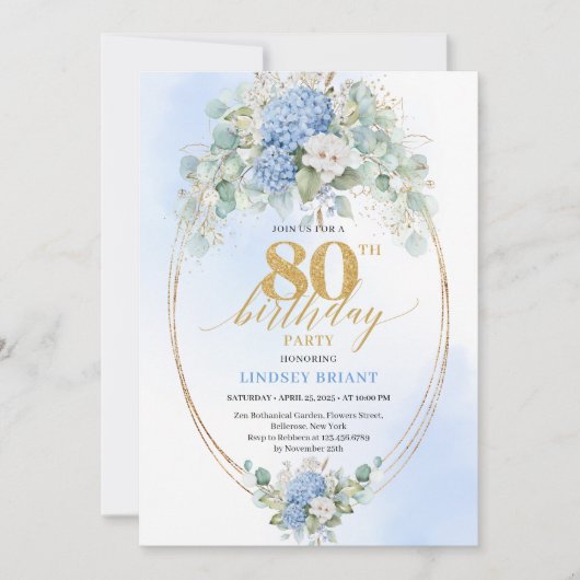 Chic Romantic Blue Hydrangea Garden 80th Birthday Kaart (Voorkant)