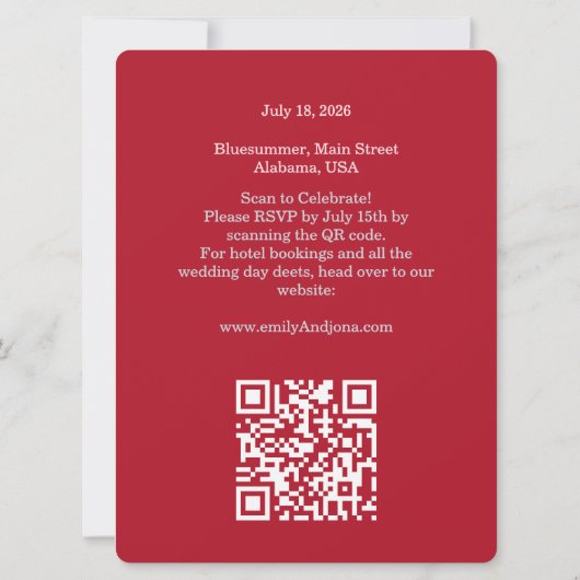 Chic Romantic Deep Red Split Photo QR Wedding Kaart (Achterkant)