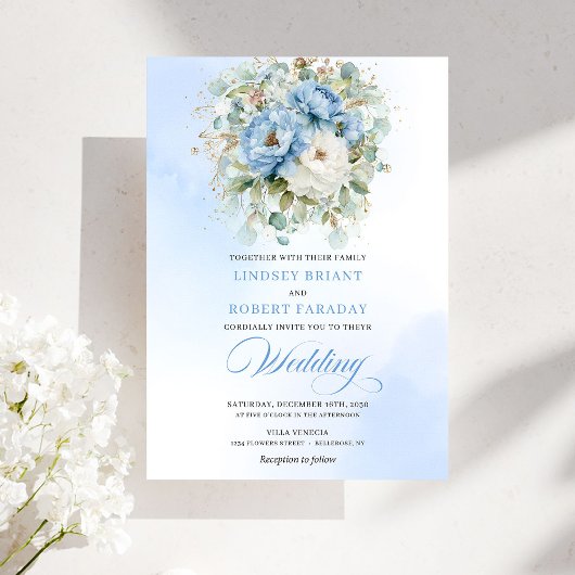 Chic Romantic Dusty Blue Peony Gold Floral Wedding Kaart