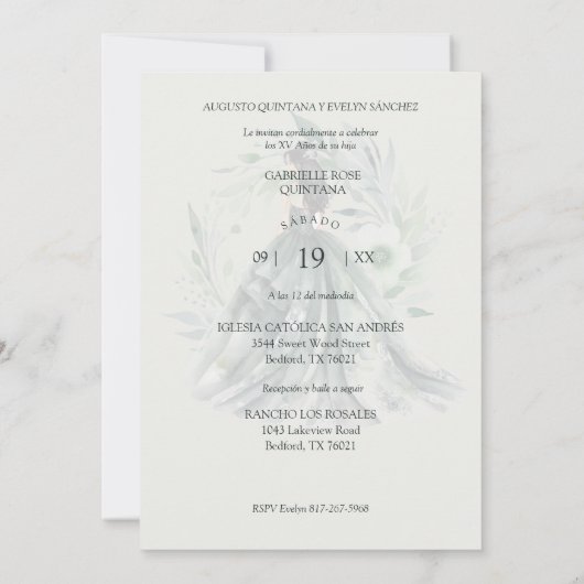 Chic Romantic Spanish Quinceañera Green Shades Kaart (Achterkant)