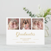 Chic Romantic Then & Now 3-Photo Twins Double Grad Kaart (Staand voorkant)