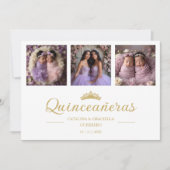 Chic Romantic Then & Now 3-Photo Twins Quinceañera Kaart (Voorkant)
