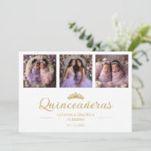 Chic Romantic Then & Now 3-Photo Twins Quinceañera Kaart (Staand voorkant)