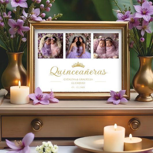 Chic Romantic Then & Now 3-Photo Twins Quinceañera Poster