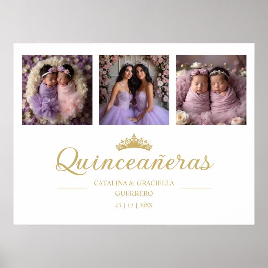 Chic Romantic Then & Now 3-Photo Twins Quinceañera Poster (Voorkant)