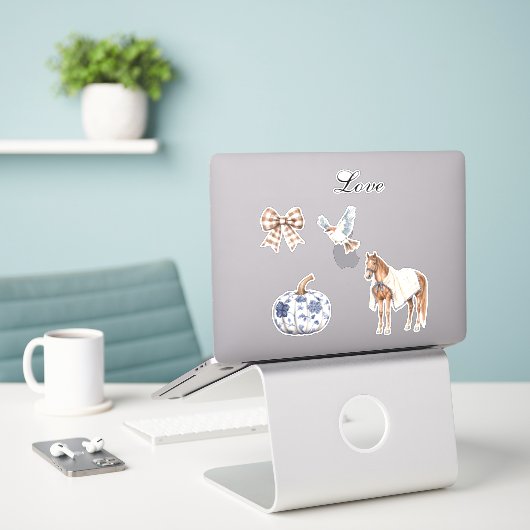 Chic Romantisch Blauw Wit Bloemen Huwelijk Sticker (Laptop op bureau)