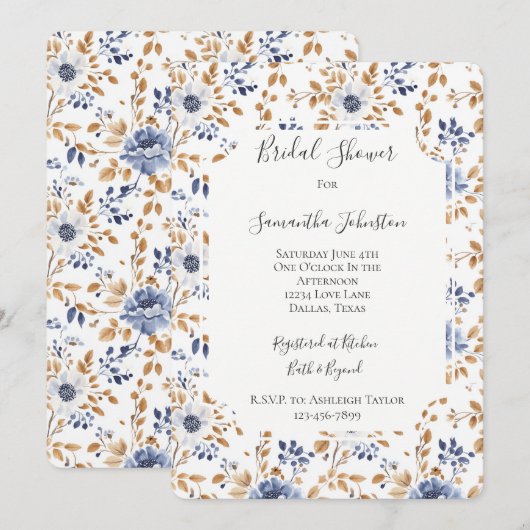 Chic Romantisch Blauw Wit Bloemen Vrijgezellenfees Kaart (Voorkant / Achterkant)