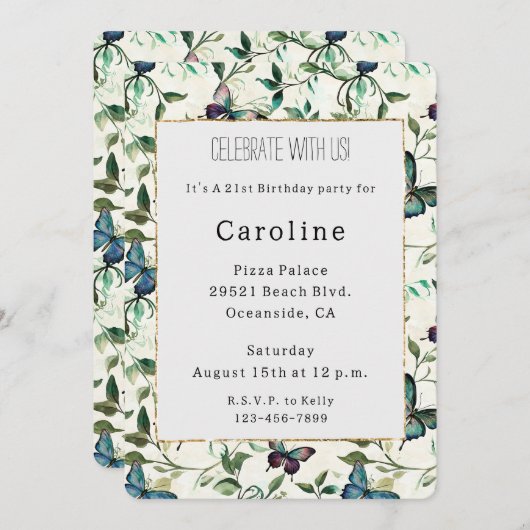 Chic Romantisch Blauwe Vlinders Verjaardag Kaart (Voorkant / Achterkant)