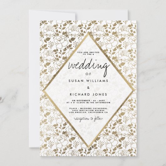 Chic romantisch wit goud bloemen luxe bruiloft kaart (Voorkant)